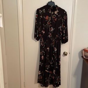 Nanette Lepore Very Black Floral Print Smocked neck/Hi-Lo Dress Size 10, GUC